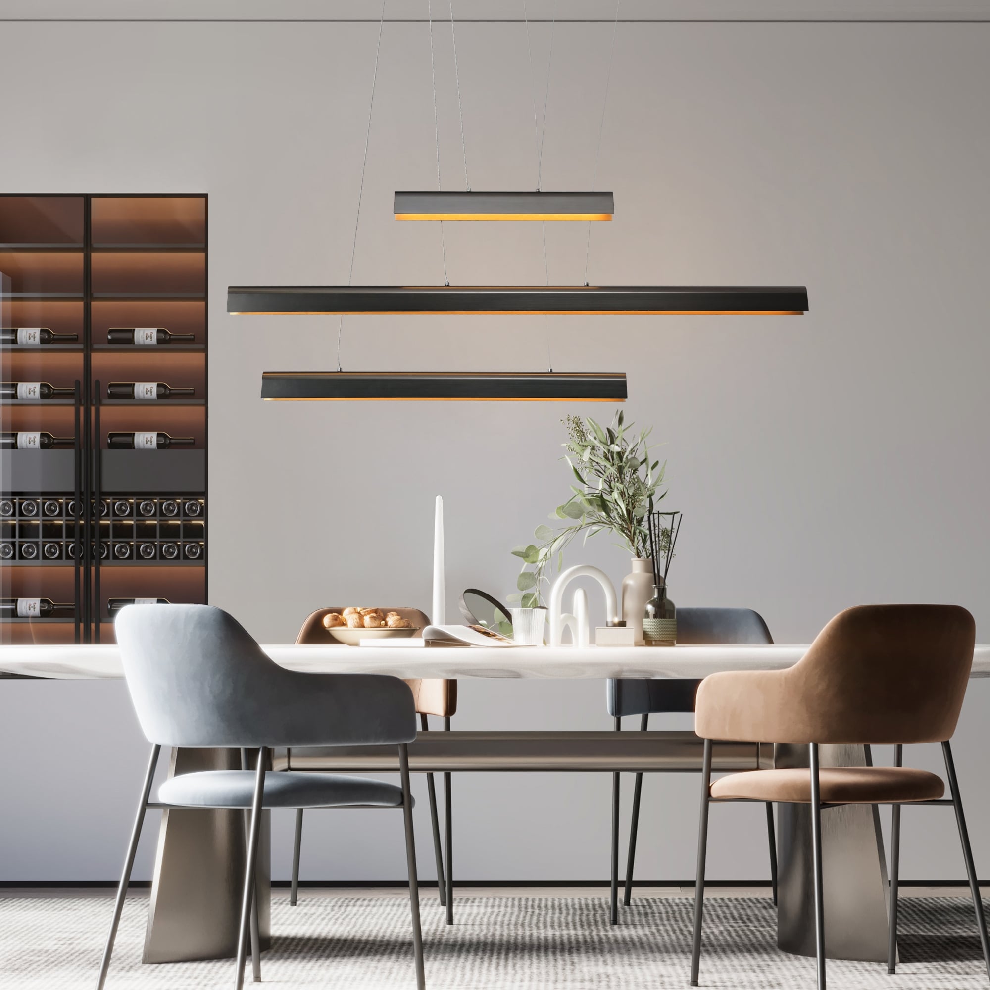 Modern LED 3-Light Black Linear Island Chandelier for Kitchen Island - W40.5" x H63" Max