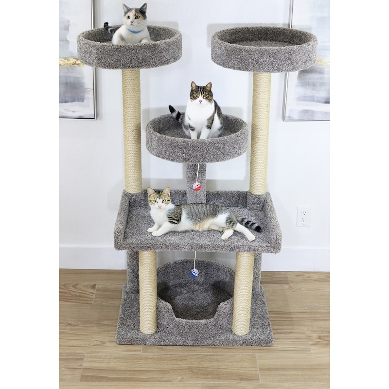 Extra Large Multi-Level Cat Haven Tower with Spacious Perches, Raised Edges and Sisal Rope Posts for Playful Indoor Cats