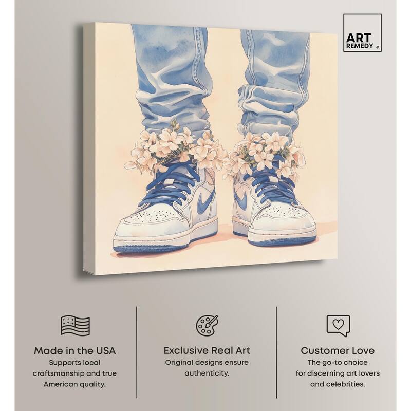 Gentle Blue Sneakers and Flowers Canvas by Art Remedy, Gallery Wrapped