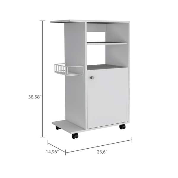 White Kitchen Cart w/ Microwave Storage, Open Spice Rack w/ 4 Casters