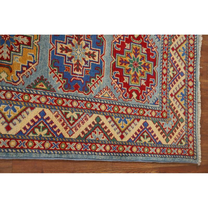 Light Blue Kazak Oriental Runner Rug Hand-Knotted Wool Carpet - 2'7" x 12'9"