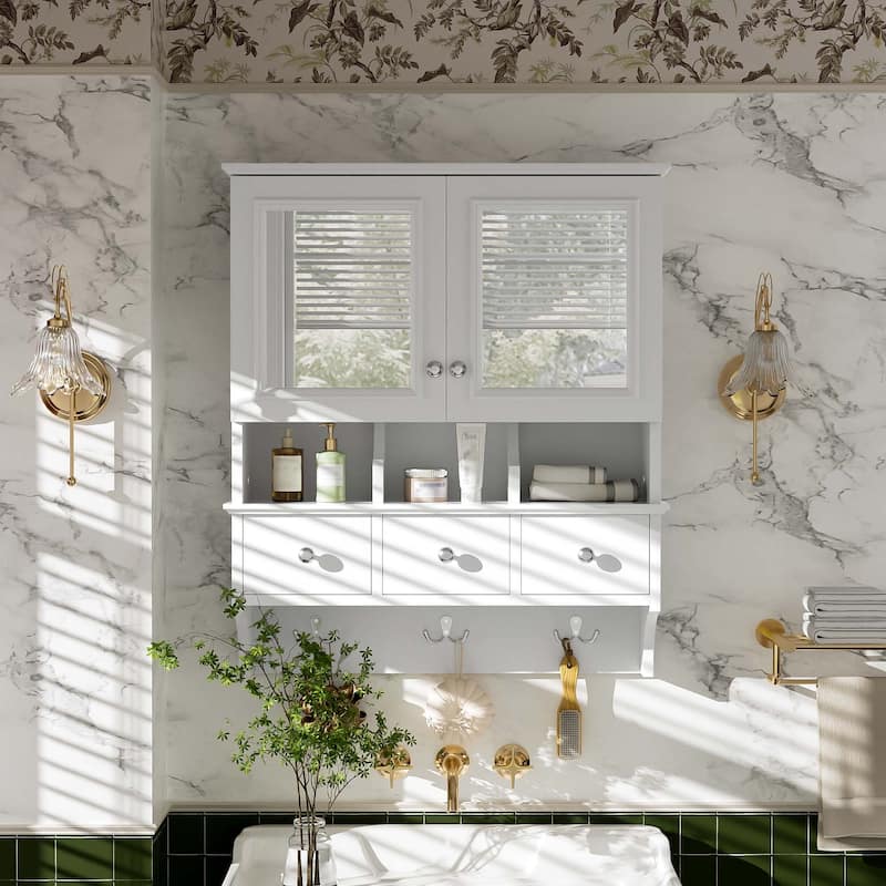 24" Wall Mounted 4-in-1 Bathroom Mirror Cabinet with Drawers & Hooks, High-Definition Medicine Cabinet with Storage for Vanity
