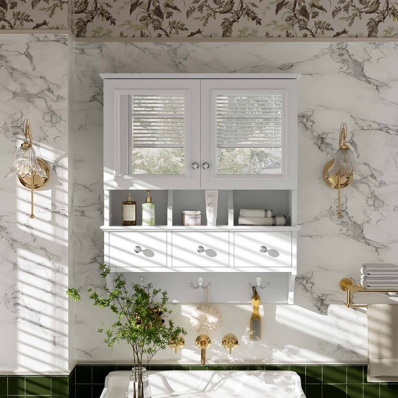 Anmytek 24 Inch 4 in 1 Bathroom Mirror Cabinet Wall Mounted Medicine Cabinet with Drawers and Organizer Hooks