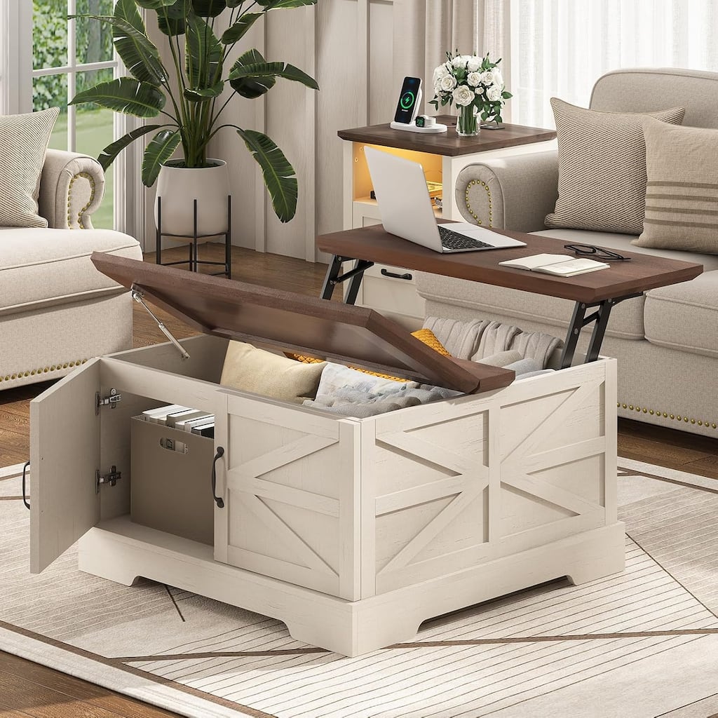 Lift Top Coffee Table Square Center Table Barn Door Storage and Shelf