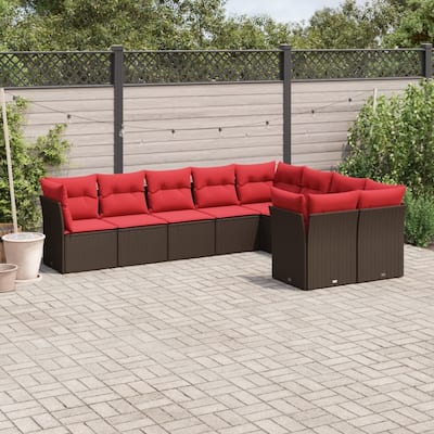 vidaXL 9/10 Piece Patio Sofa Set with Cushions Black/Brown/Gray Poly Rattan - 21.7 x 24.4 x 27.2