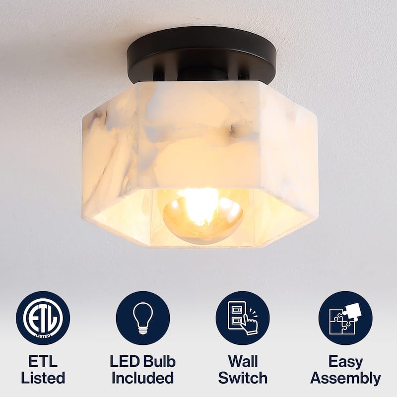 Celine 8" 1-Light Modern Contemporary Alabaster/Iron Hexagonal LED Semi Flush Mount, White Marbling/Brass Gold by JONATHAN Y