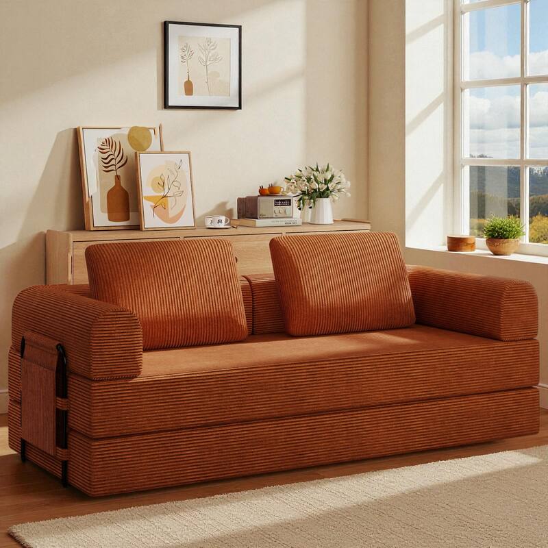 Convertible Corduroy Sleeper Sofa Bed, 3-Seat Folding Floor Couch with Cylindrical Pillow & Fixed-Shape Frame - Orange