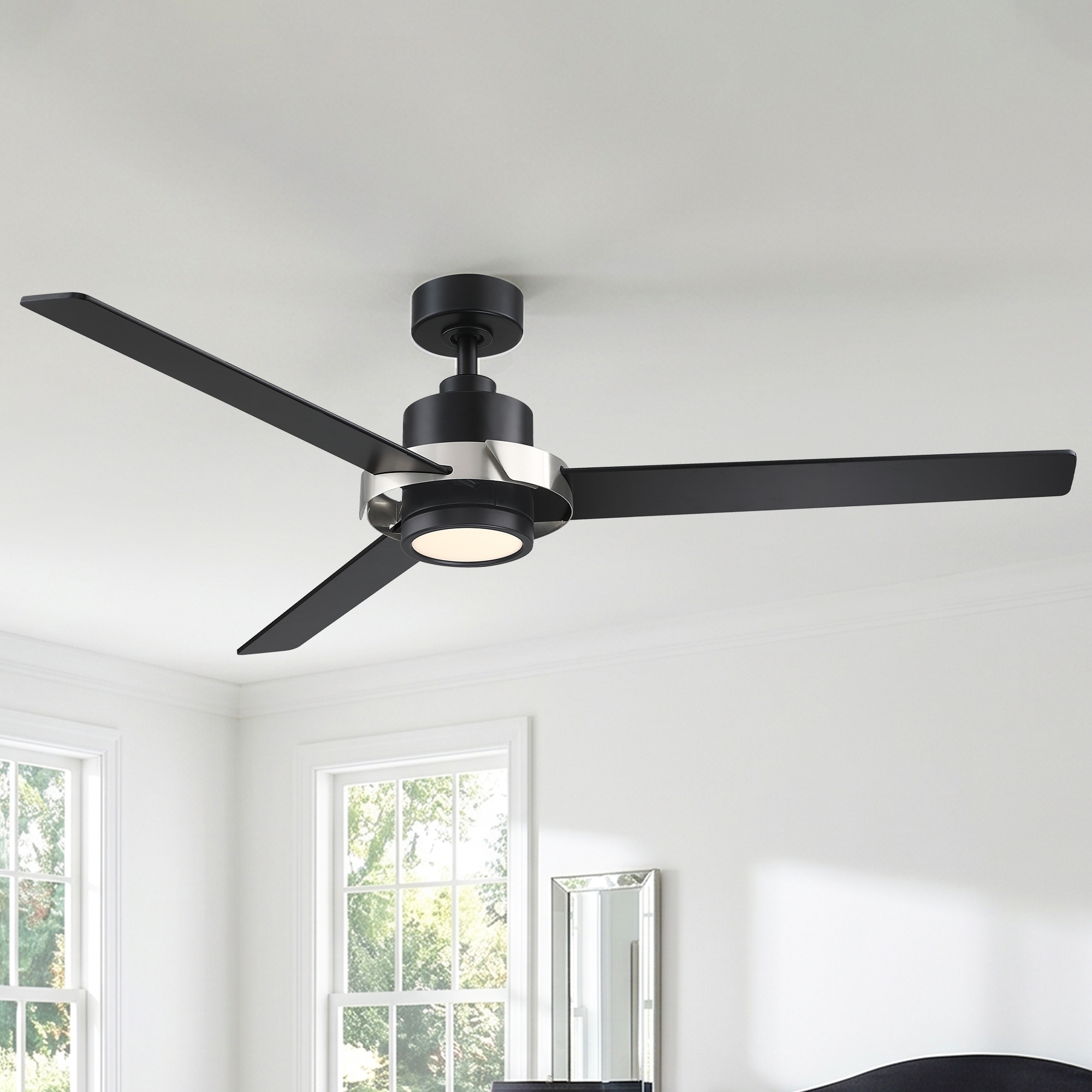 60" Matte Black Modern Minimalist Plywood 3-Blade Dimmable LED Ceiling Fan with Light and Remote