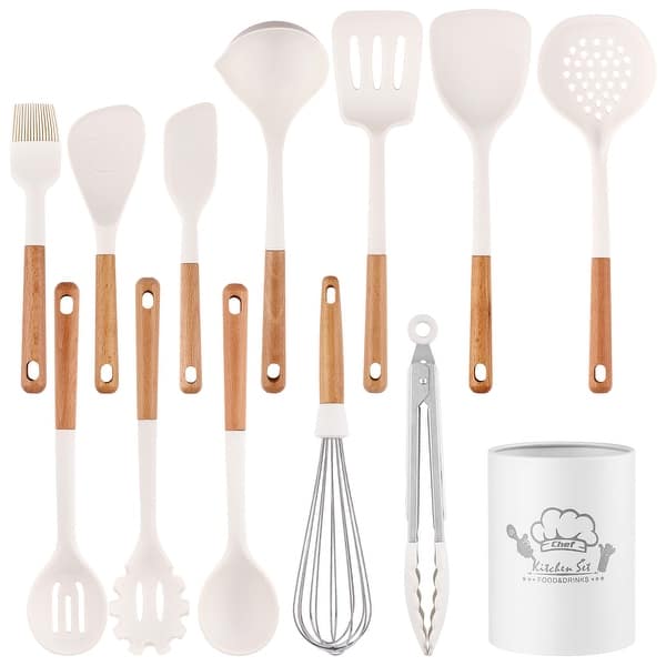 slide 2 of 8, SUGIFT 13-Piece Silicone Kitchen Utensils with Wooden Handles Set White