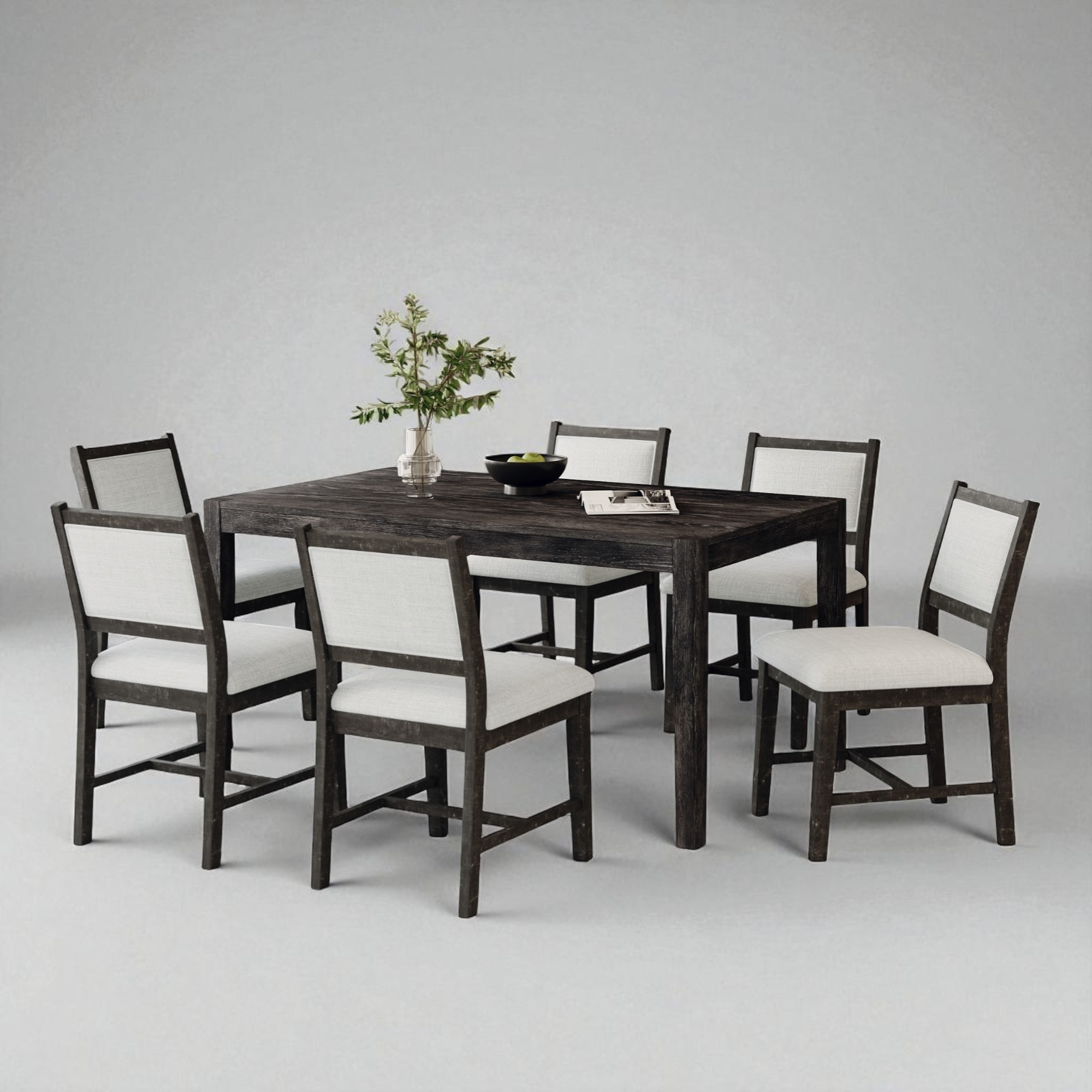 7-Piece Retro Dining Table Set with 1 Wood Table and 6 Upholstered Chairs, Solid Wood Frame, for Kitchen or Dining Room
