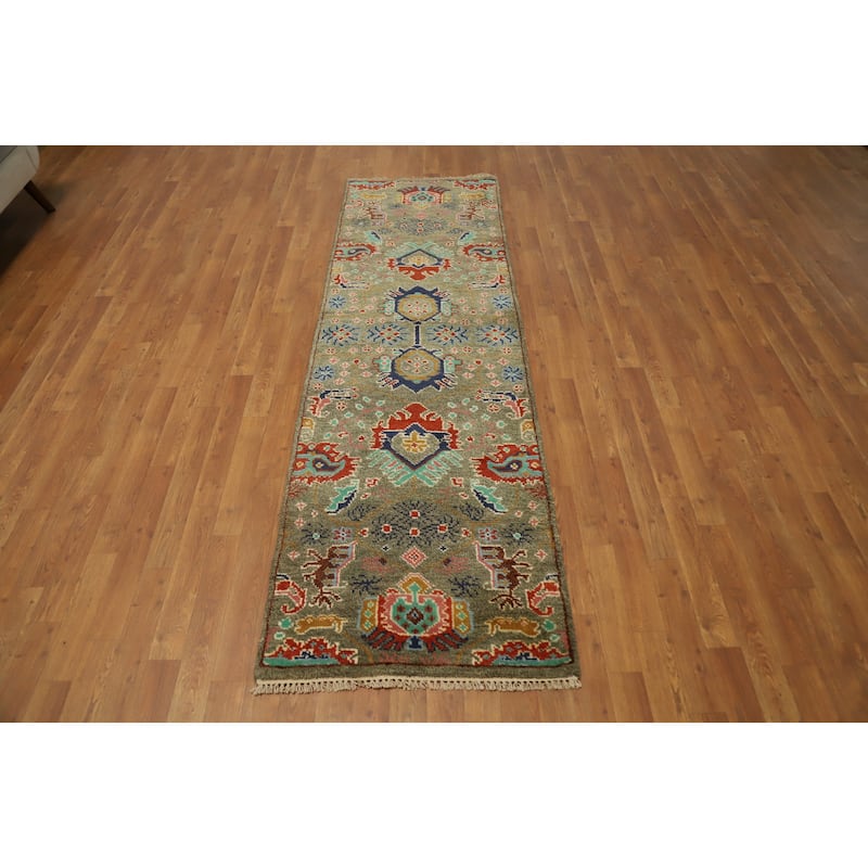 Hand Knotted Oriental 100% Wool Carpet Transitional All-Over Green Oushak Runner Rug - 8' 1'' X 2' 7''