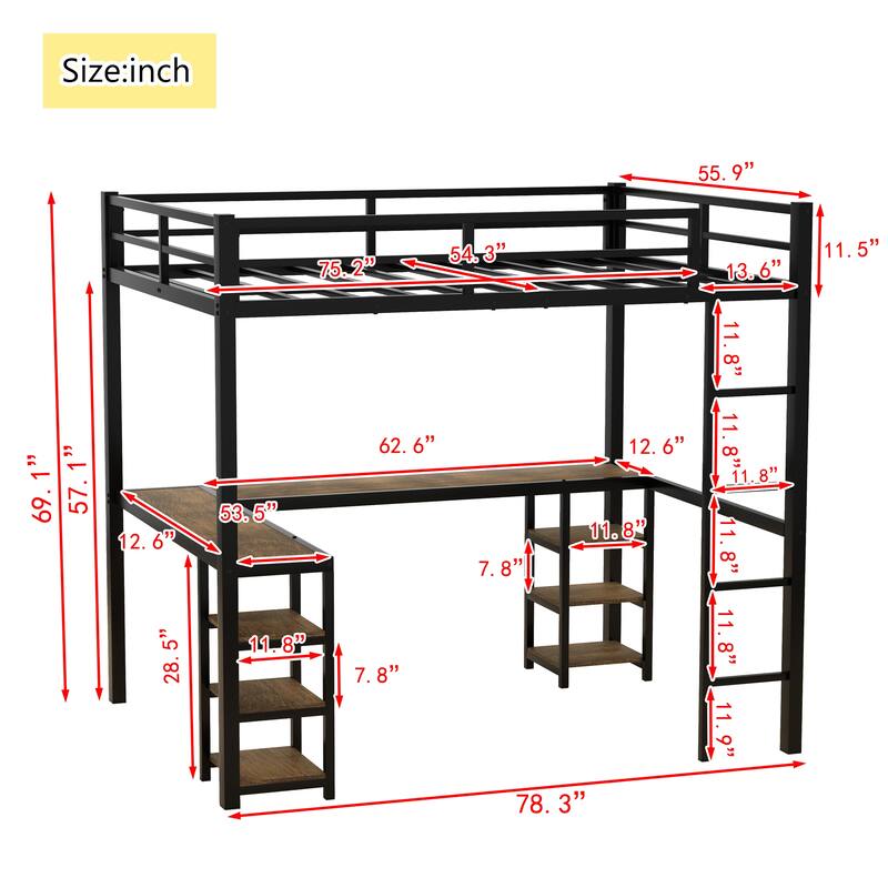 Full Size Metal Loft Bed with Desk and Shelves, Ladder, and Guardrails