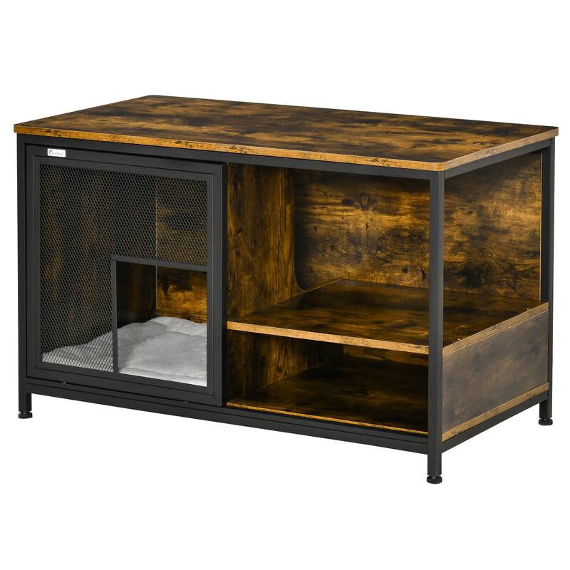 PawHut Cat Kennel, Furniture Style Dog Cage, Wood & Steel End Table Pet House with Cushion and Sliding Doors, Rustic Brown - Brown