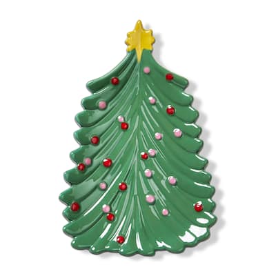 Christmas Tree Tidbit Plate - Multicolor Ceramic Serving Platter, Dishwasher Safe, 5" H x 4.25" L x 6.5" W