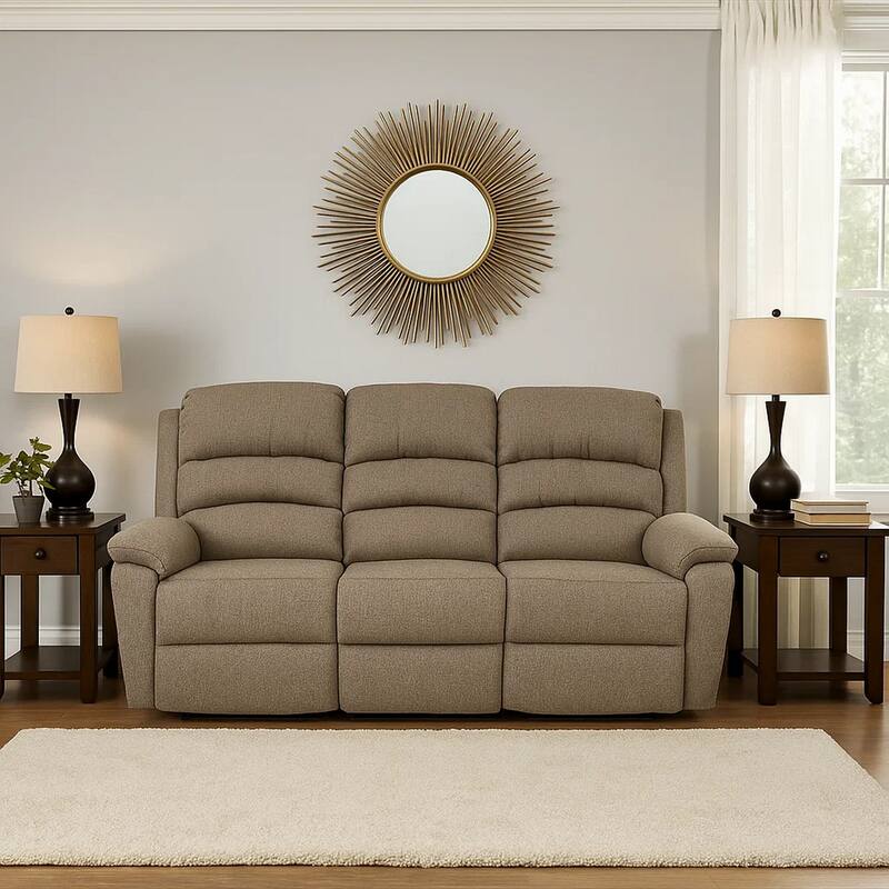 Fery 74 Inch Manual Recliner Sofa, 3 Seater, Brown Burlap Upholstery, Wood