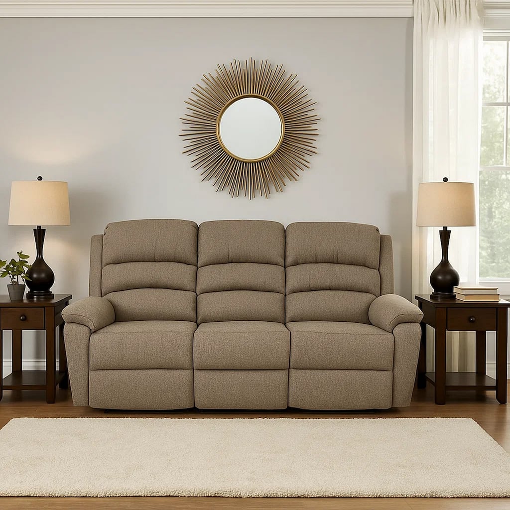 Fery 74 Inch Manual Recliner Sofa, 3 Seater, Brown Burlap Upholstery, Wood