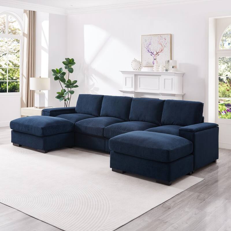 122" Corduroy Sectional Sofa with Two Movable Ottomans