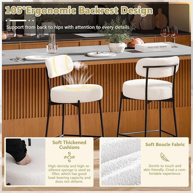 XINMICS 24 Inches Modern Counter Height Bar Stools with Curved Back Metal Legs, Upholstered Boucle Barstools, Set of 2/3/4