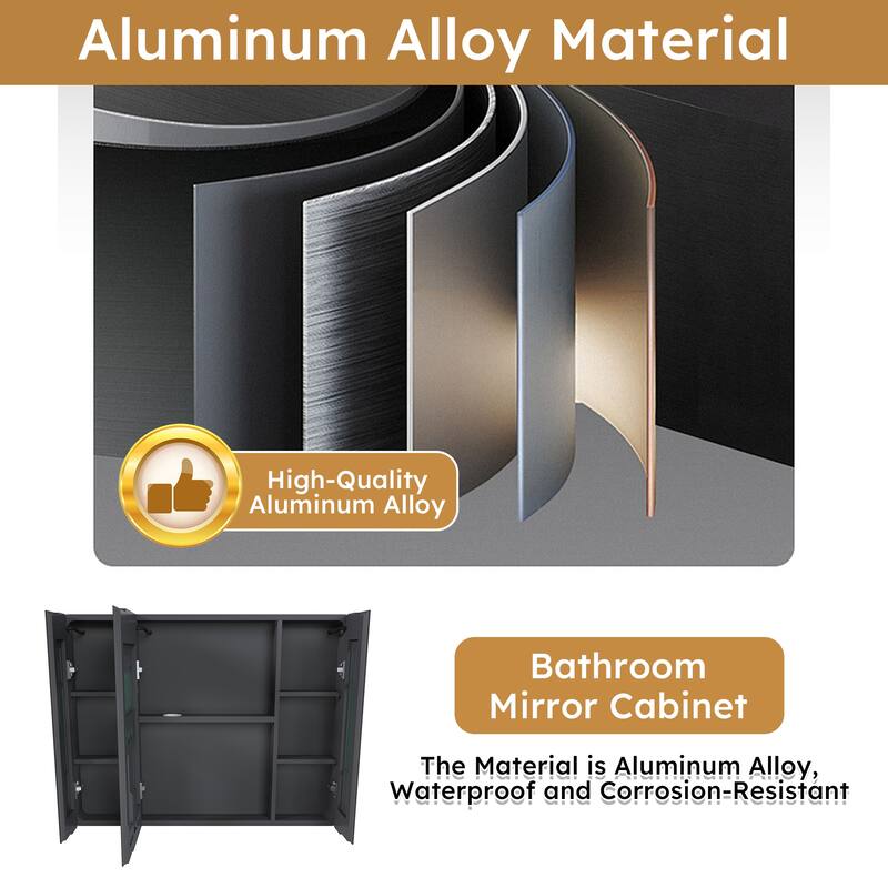 35 x 28 Inch Aluminium Medicine Cabinet Mirror with LED Light, Defogging, and Cosmetic Storage
