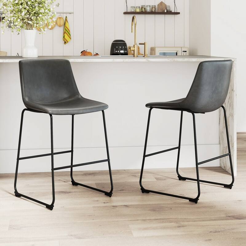 Modern PU Leather Stools with Footrest Set of 2 - Grey-2-Pieces