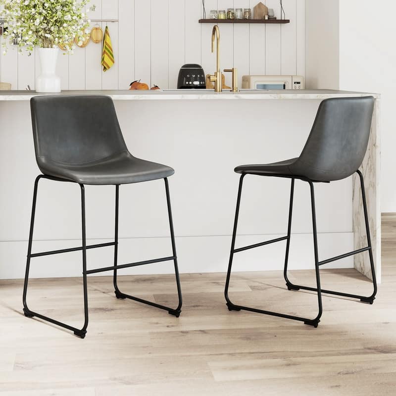 Modern PU Leather Stools with Footrest Set of 2