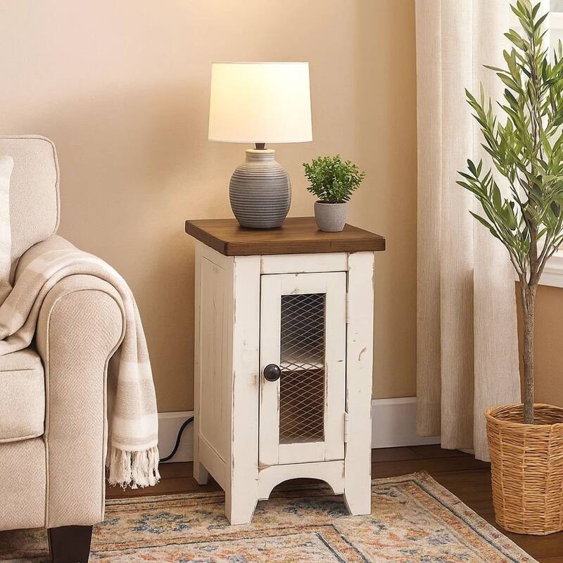 Two Tone Chair Side End Table with Wire Metal Grill Cabinet,Brown and White