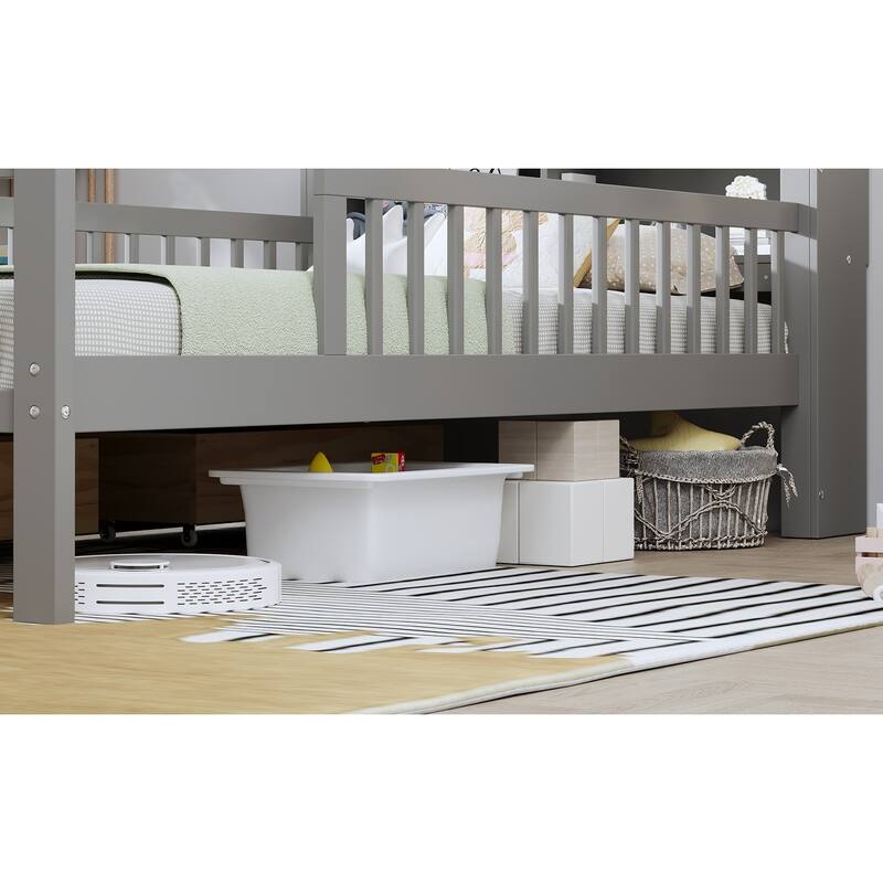 Bed with Headboard Storage Rack, Two Under-Bed Drawers, Three-Side Guardrails for Safety and Security