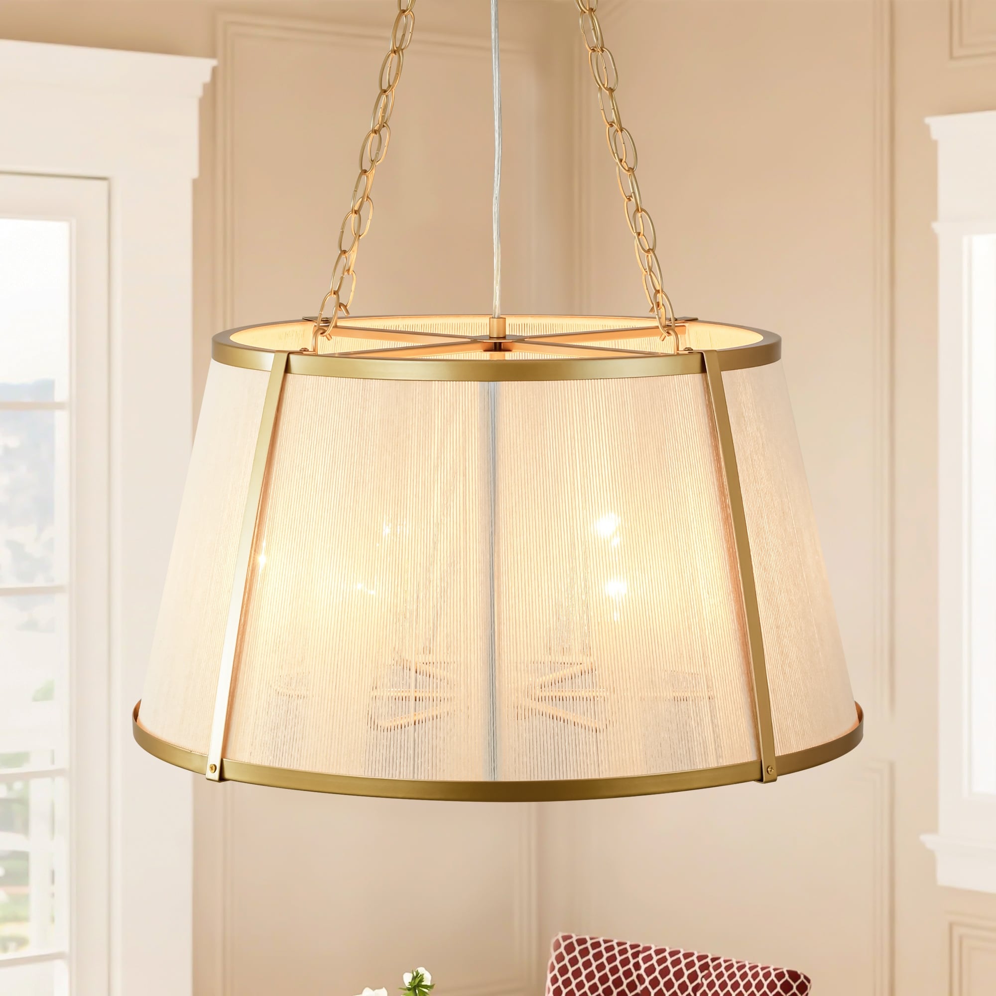 Rennnsan 6-Light Modern Boho Drum Hand Woven Ivory Rope Gold Chandelier for Living Room - 23.6 in. W x 13.3 in. H