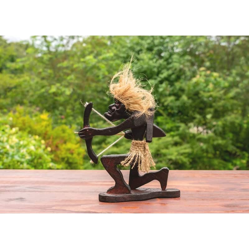 Handmade Wooden Primitive Tribal Kneeling Archer Funny Statue Sculpture Tiki Bar Handcrafted Unique Gift Art Home Decor Figur