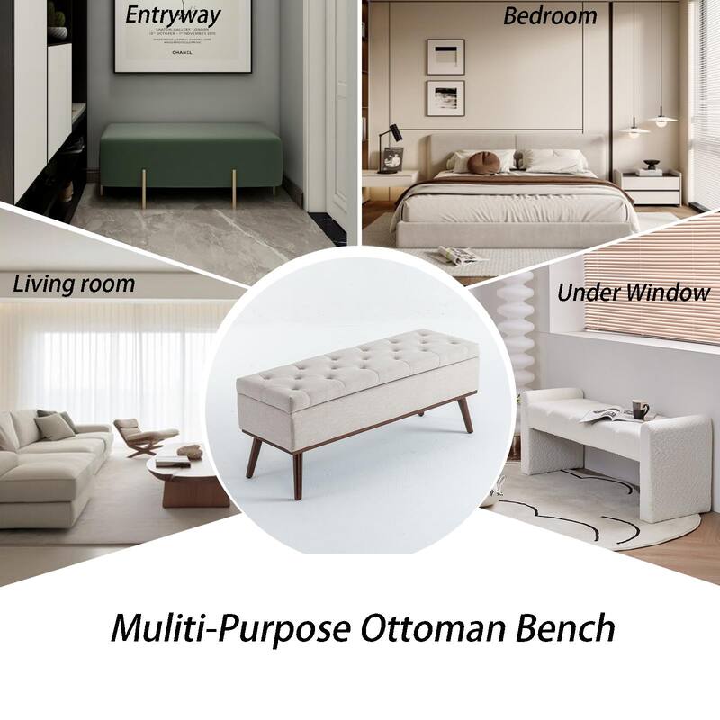 Linen Storage Ottoman Bench with Wood Legs, Upholstered Entryway Bench Tufted Mid Century Modern Ottoman Bedroom End of Bed