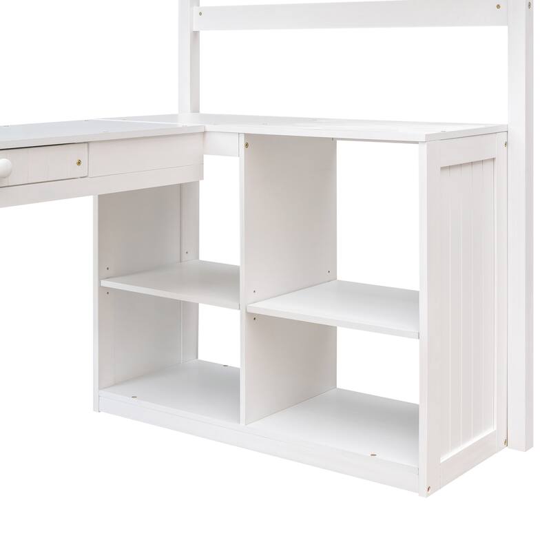 Twin Size Loft Bed with Desk, Storage Drawers, and Shelves, Solid Pine Wood Frame