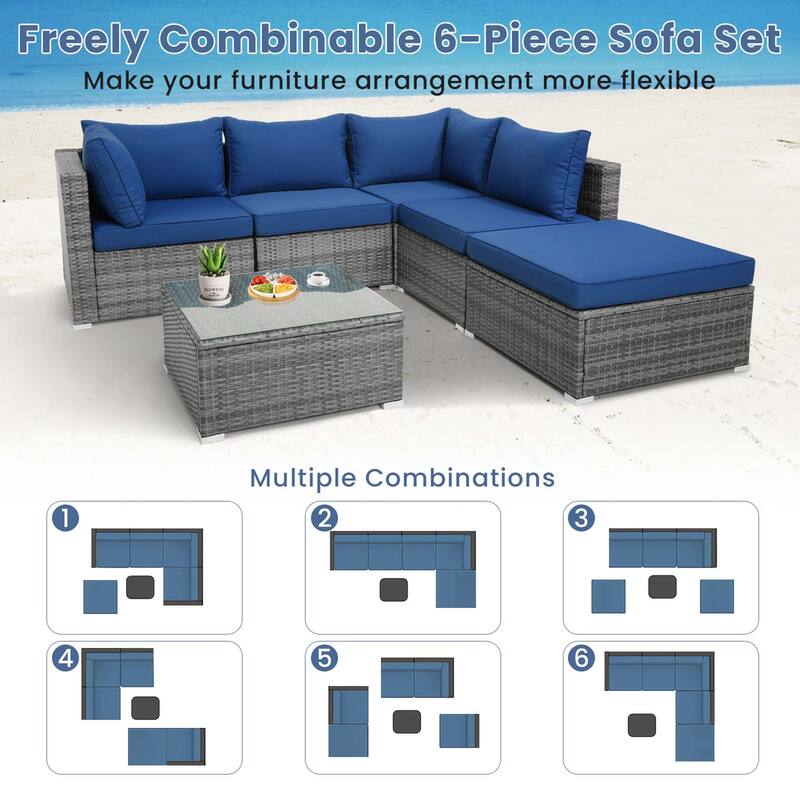 Costway 6PCS Patio Wicker Furniture Set Cushioned Sectional Sofa - See Details