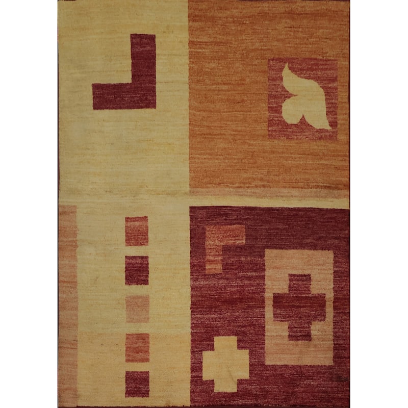 Hand Knotted Oriental 100% Wool Carpet Modern Geometric Yellow & Gold Gabbeh Area Rug - 5' 5'' X 4' 7''