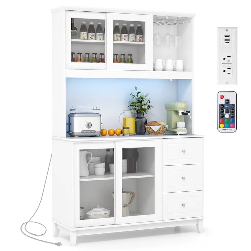Gymax Kitchen Pantry Storage Cabinet Kitchen Hutch w/ LED lights & - White