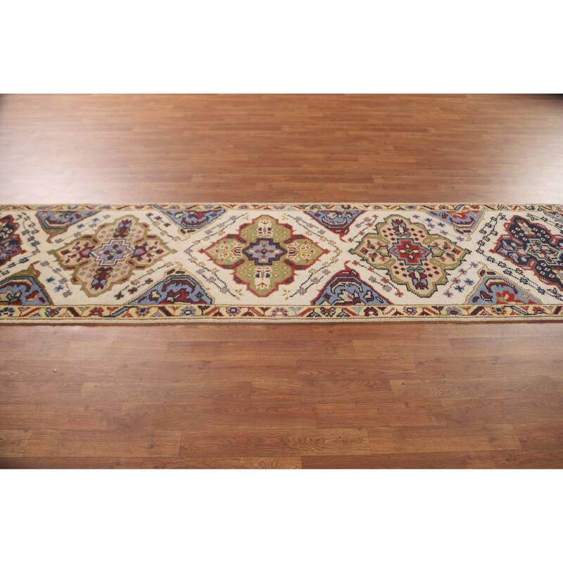 Geometric Beige Kazak Runner Rug Handmade Hallway Wool Carpet - 2'7" x 10'0"
