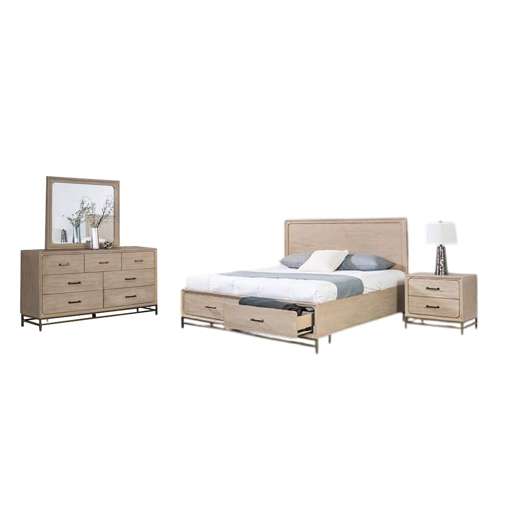 Rozie 4pc Queen Bedroom Set with Mirror and Dresser, Light Oak Brown