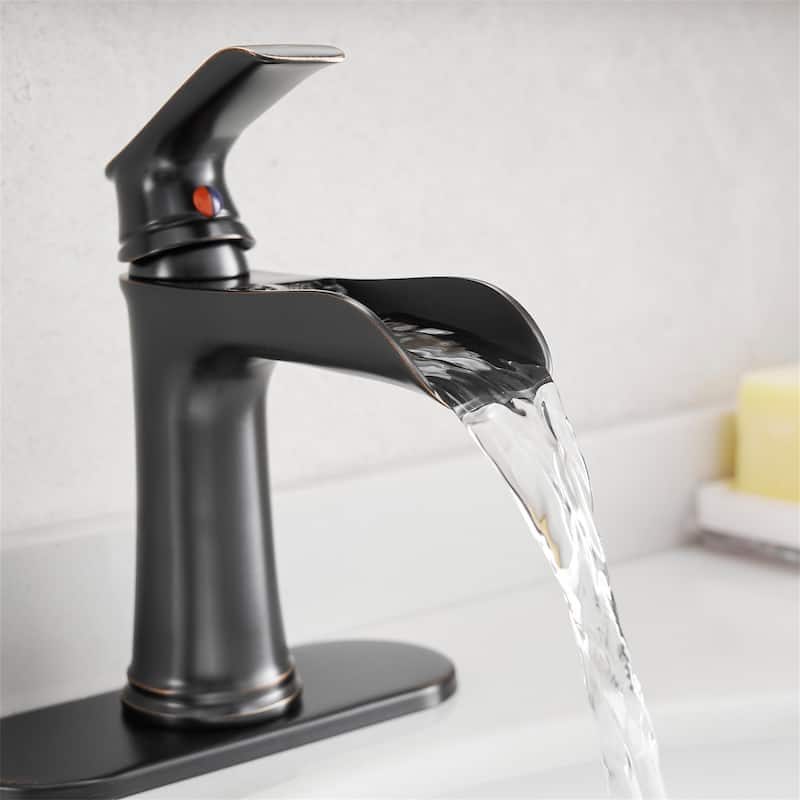 Single Handle Waterfall Bathroom Faucet with Drain Assembly Brass 1 Hole Modern Bathroom Sink Vanity Taps with Deck Plate