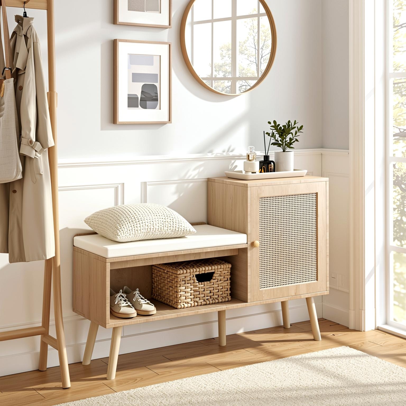 Homy Casa 2-in-1 Entryway Accent Storage Cushion Bench with Rattan Cabinet