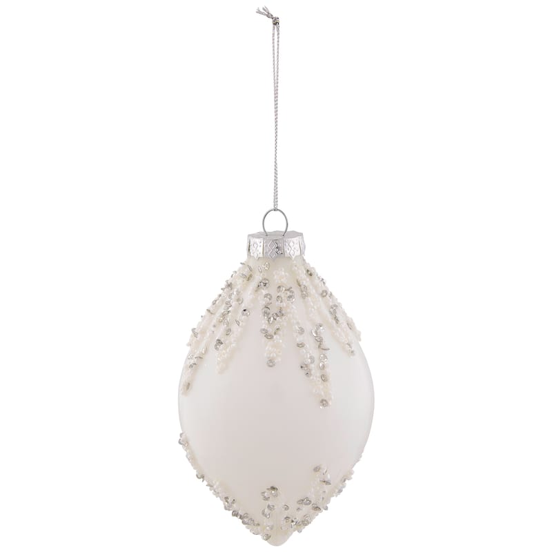Beaded and Sequins Christmas Glass Finial Ornament - 5" - White and Silver