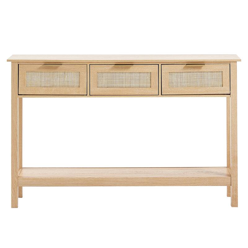 Rattan Console Table with 3 Storage Drawers, Rattan Entryway Table with Natural Rattan Sliding Door, Console Sofa Table