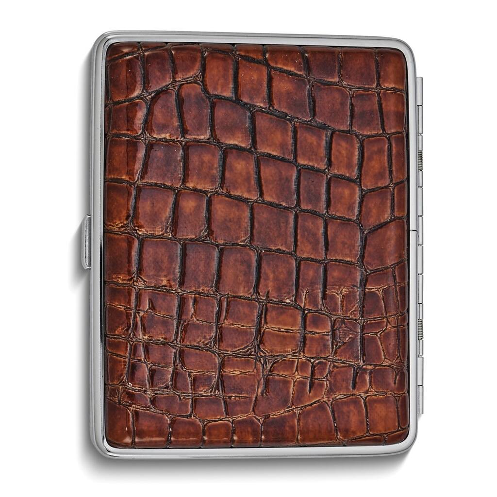 Curata Dark Brown Faux Croco Leather Covered (Holds 20-100mm) Silver-Tone Cigarette / Card Case