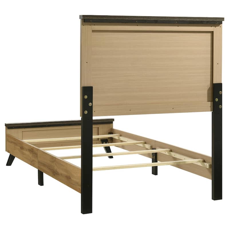 Wemy Twin Size Bed, Tall Panel Headboard, Natural Brown Pine Finish