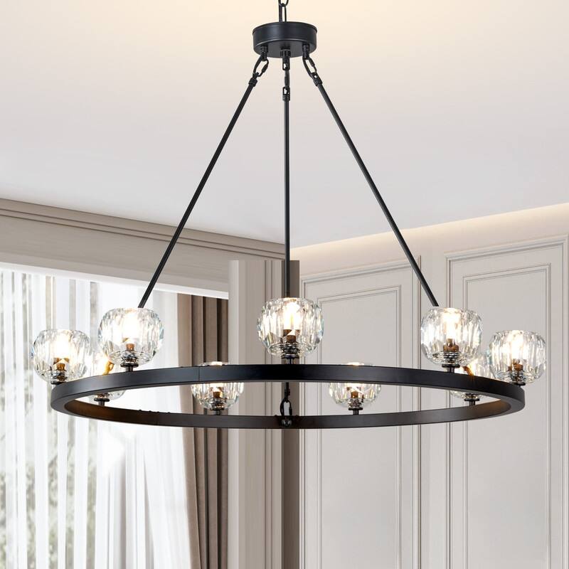 KAYLA 48" 20-Light Double-Layer Crystal Ball Chandelier - 36in 9-Light - Black