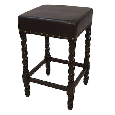 24" Brown Nailhead Trimmed Counter Stool with Barley Twist Legs