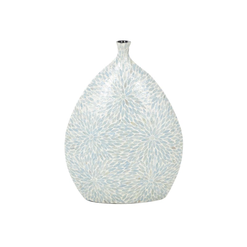 Mother of Pearl Shell Floral Handmade Large Mosaic Decorative Vase with Cream Underlay - Light Blue - Roche River Decor