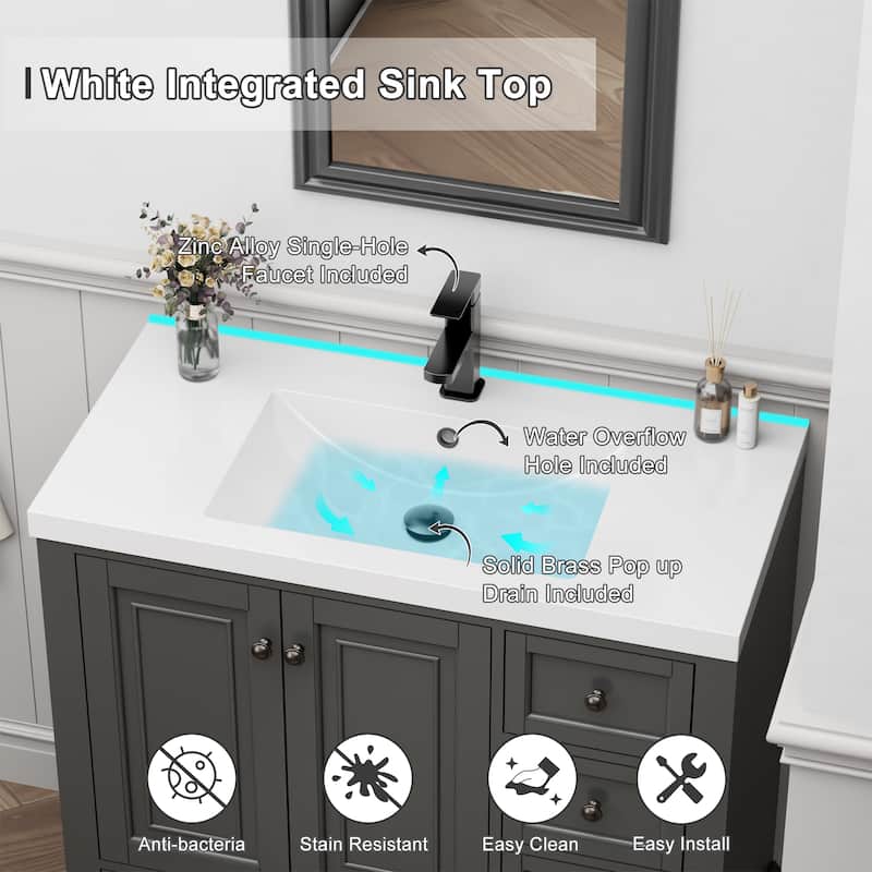 Retro Bathroom Vanity Cabinet Solid Wood Classic with Ceramic Sink
