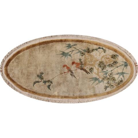 Hand-knotted Animal Pictorial Art Deco Oval Rug Vintage Silk Carpet - 2'2" x 4'2"