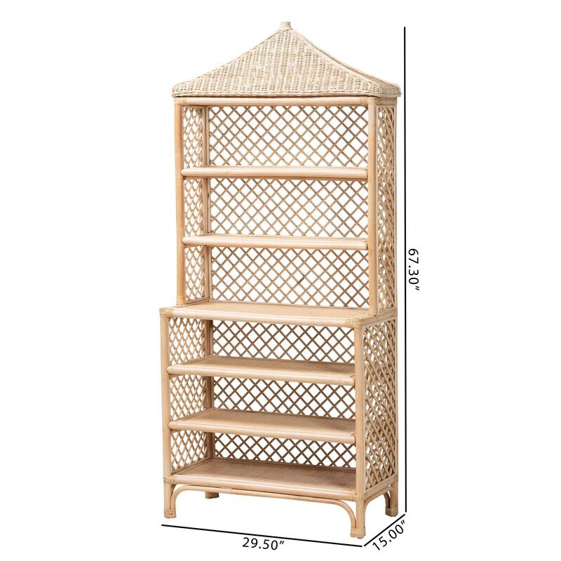 Adonis Natural Rattan Display Shelf - Freestanding 6-Tier bookcase with Pagoda Top, Coastal Boho Storage Organizer