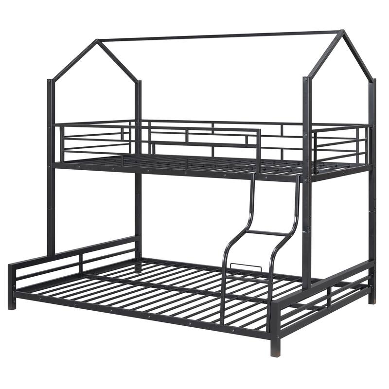 Black Metal House Bunk Bed with Roof, Ladder, and Fence for Kids