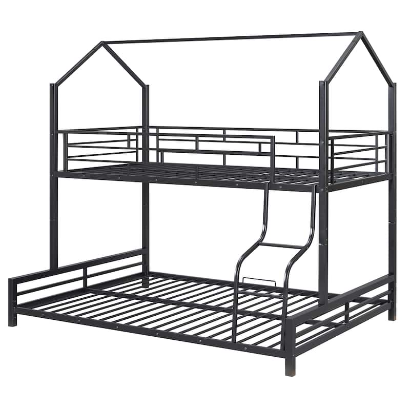 Metal House Bunk Bed with Roof, Ladder, and Fence for Kids
